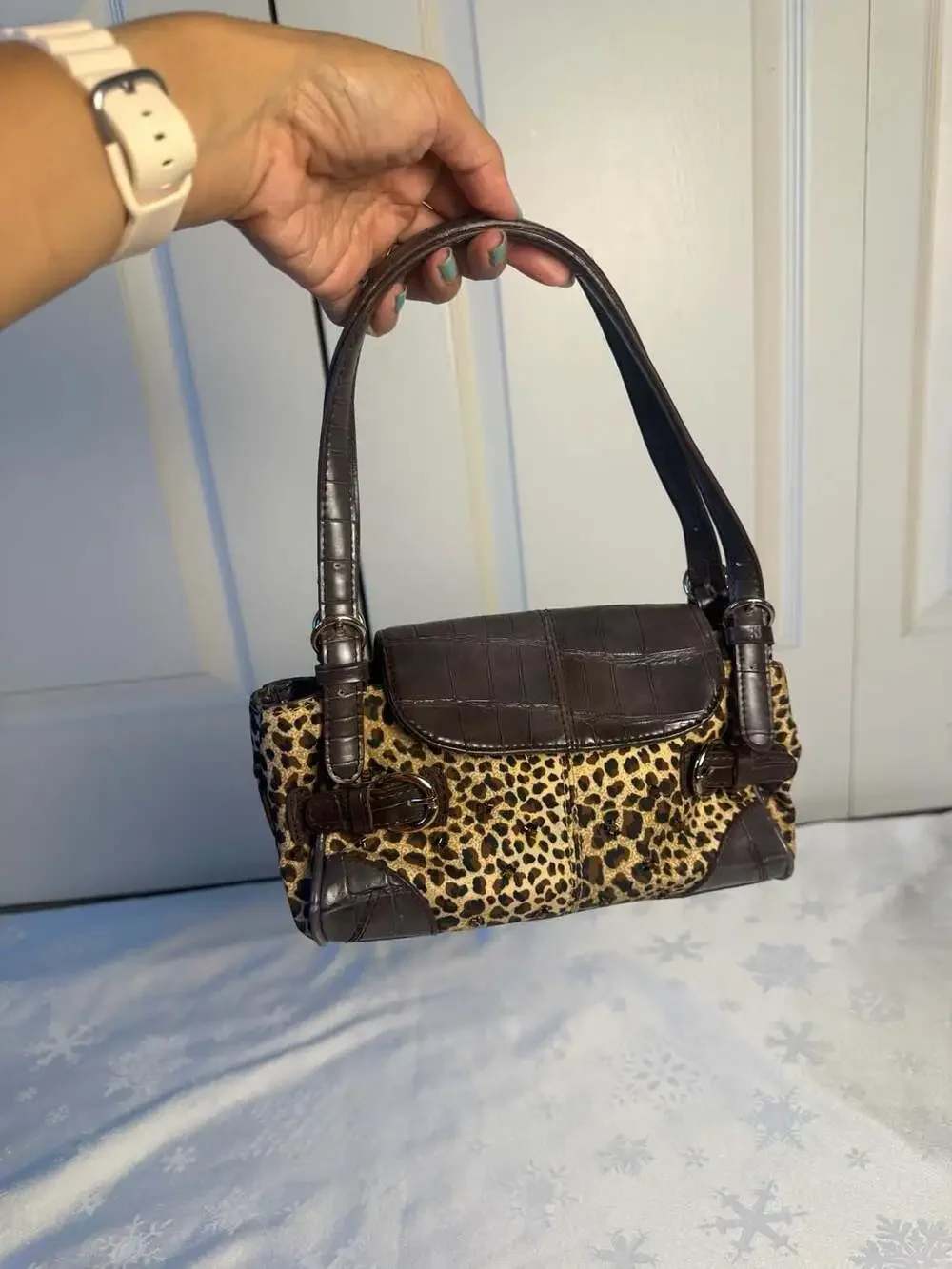 Liz Claiborne Y2K Leopard Print Shoulder Bag Brown Croc Buckle Baguette Purse